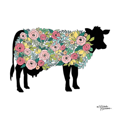 Floral Cow Black Ornate Wood Framed Art Print with Double Matting by Norman, Michele