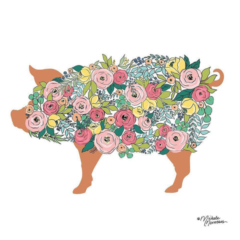 Floral Pig White Modern Wood Framed Art Print with Double Matting by Norman, Michele