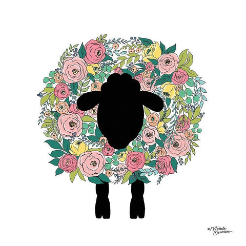Floral Sheep Black Modern Wood Framed Art Print with Double Matting by Norman, Michele