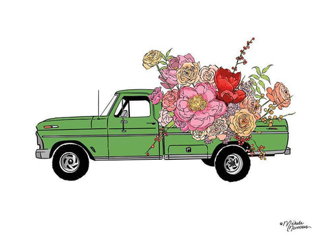 Floral Truck Black Ornate Wood Framed Art Print with Double Matting by Norman, Michele