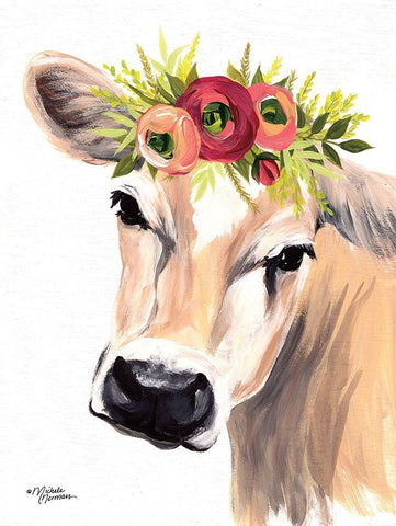 Jersey Cow with Floral Crown White Modern Wood Framed Art Print with Double Matting by Norman, Michele