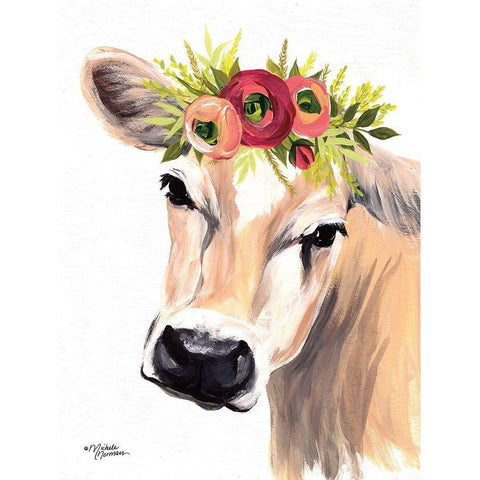 Jersey Cow with Floral Crown Black Modern Wood Framed Art Print by Norman, Michele