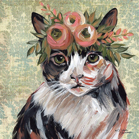 Cat with Floral Crown Black Ornate Wood Framed Art Print with Double Matting by Norman, Michele