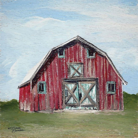 Red Barn Black Ornate Wood Framed Art Print with Double Matting by Norman, Michele