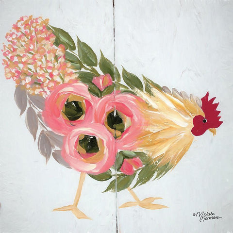 Floral Hen on White White Modern Wood Framed Art Print with Double Matting by Norman, Michele