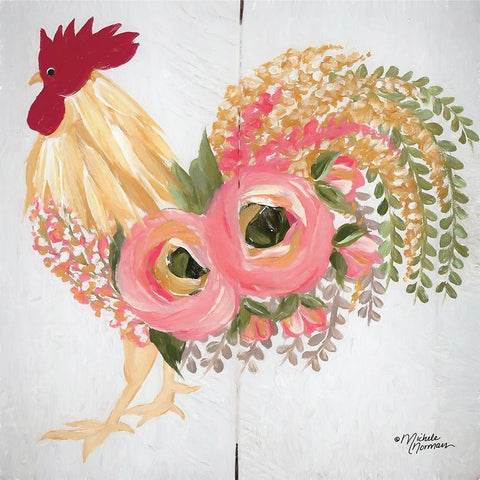 Floral Rooster on White White Modern Wood Framed Art Print with Double Matting by Norman, Michele