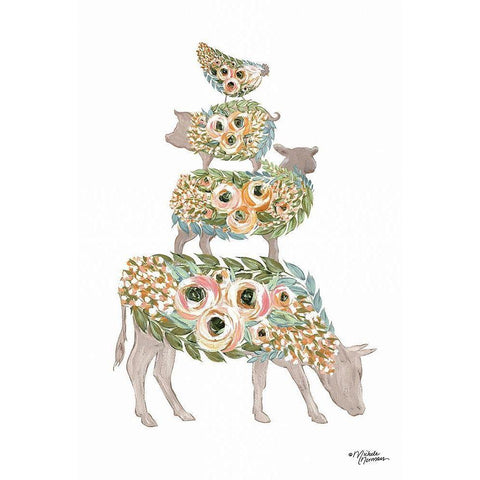 Floral Stacked Animals White Modern Wood Framed Art Print by Norman, Michele