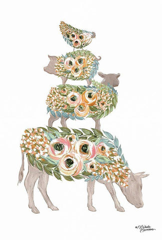 Floral Stacked Animals White Modern Wood Framed Art Print with Double Matting by Norman, Michele