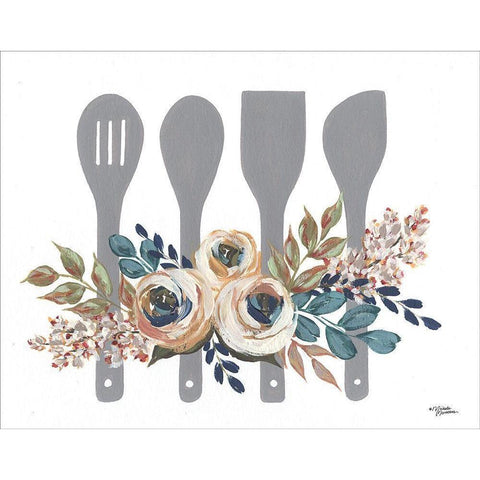 Fall Floral Baking Utensils      White Modern Wood Framed Art Print by Norman, Michele