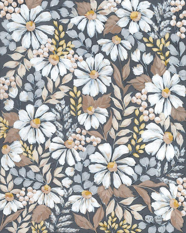 Neutral Daisies Black Ornate Wood Framed Art Print with Double Matting by Norman, Michele