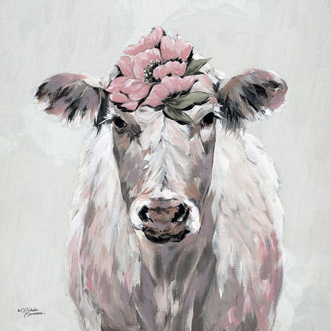 Pretty in Pink Cow Black Ornate Wood Framed Art Print with Double Matting by Norman, Michele