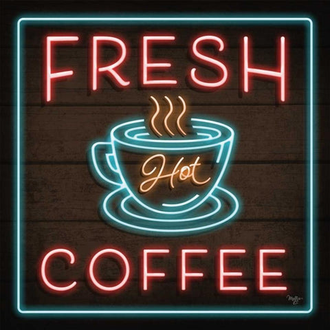 Neon Fresh Coffee White Modern Wood Framed Art Print by Mollie B.