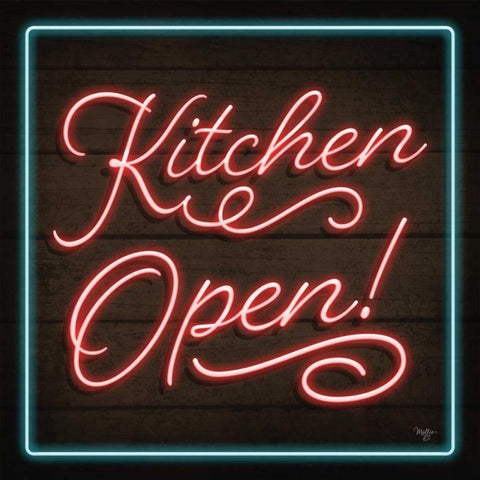 Neon Kitchen Open Black Modern Wood Framed Art Print by Mollie B.