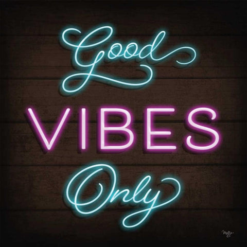 Neon Good Vibes Only Black Modern Wood Framed Art Print by Mollie B.