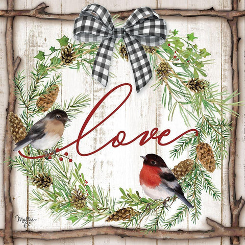 Love Pinecone Wreath White Modern Wood Framed Art Print with Double Matting by Mollie B.