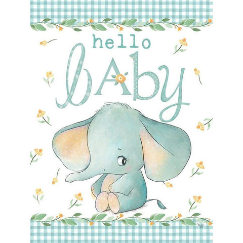 Hello Baby Elephant Blue Black Modern Wood Framed Art Print with Double Matting by Mollie B.