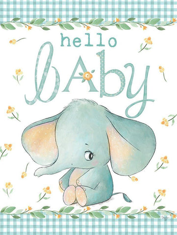 Hello Baby Elephant Blue White Modern Wood Framed Art Print with Double Matting by Mollie B.