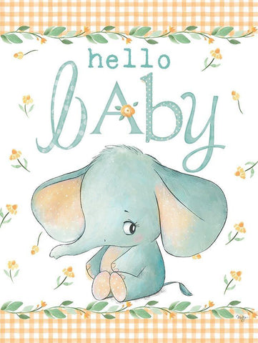 Hello Baby Elephant Yellow Black Ornate Wood Framed Art Print with Double Matting by Mollie B.