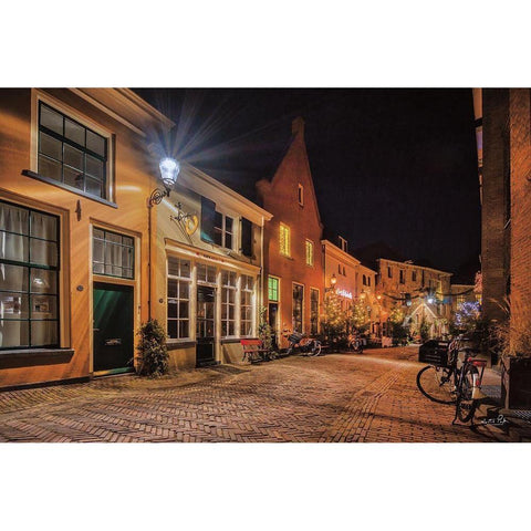 Nighttime City Street 2 Black Modern Wood Framed Art Print with Double Matting by Podt, Martin