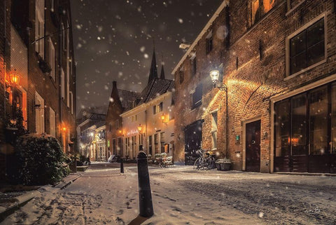 Nighttime City Street 3 White Modern Wood Framed Art Print with Double Matting by Podt, Martin