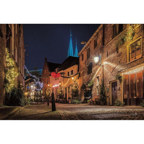 Winter Nighttime Street 2 Black Modern Wood Framed Art Print with Double Matting by Podt, Martin