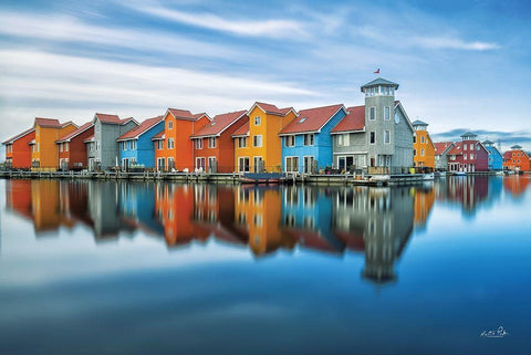 Reitdiephaven Reflections White Modern Wood Framed Art Print with Double Matting by Podt, Martin