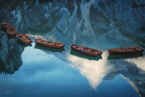 Boats of Braies II Black Ornate Wood Framed Art Print with Double Matting by Podt, Martin