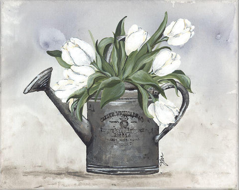 Watering Can Tulips White Modern Wood Framed Art Print with Double Matting by Norkus, Julie