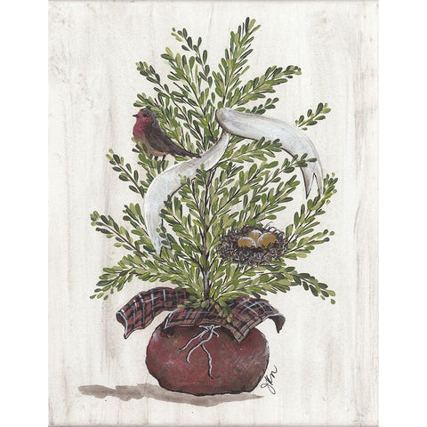 Burlap Tree with Birdie And Nest White Modern Wood Framed Art Print by Norkus, Julie