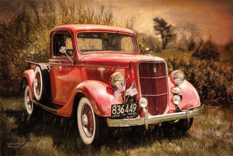 Little Red Truck Black Ornate Wood Framed Art Print with Double Matting by Vieira, Robin-Lee