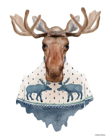 Moose in a Moose Sweater White Modern Wood Framed Art Print with Double Matting by Nieman, Rachel