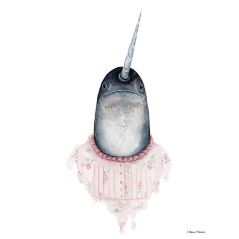 Narwhal in a Nightgown White Modern Wood Framed Art Print by Nieman, Rachel