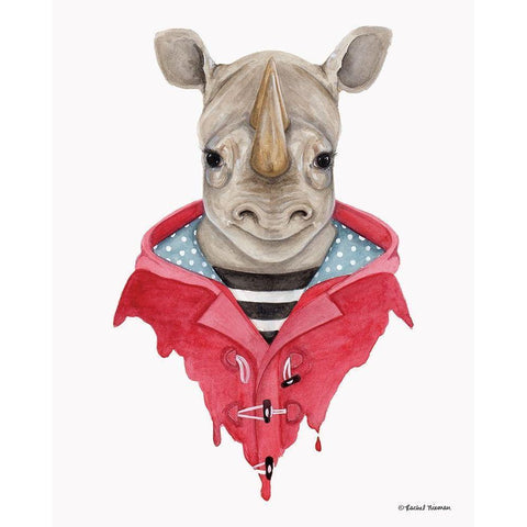 Rhino in a Raincoat Gold Ornate Wood Framed Art Print with Double Matting by Nieman, Rachel