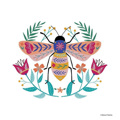 Folk Art Bee     White Modern Wood Framed Art Print by Nieman, Rachel