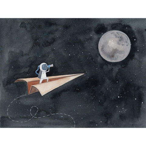 Paper Airplane to the Moon White Modern Wood Framed Art Print by Nieman, Rachel