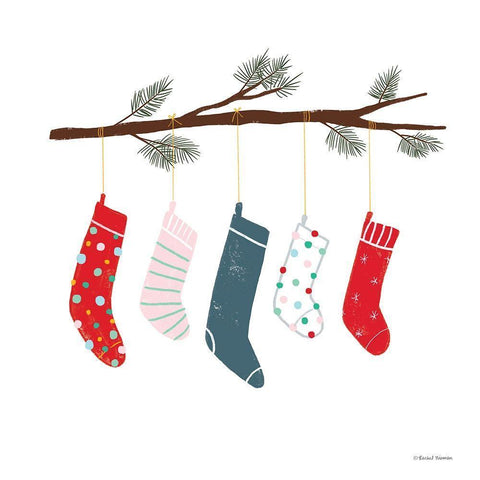 Playful Holiday Stockings     White Modern Wood Framed Art Print with Double Matting by Nieman, Rachel