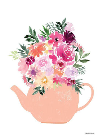 Floral Teapot White Modern Wood Framed Art Print with Double Matting by Nieman, Rachel
