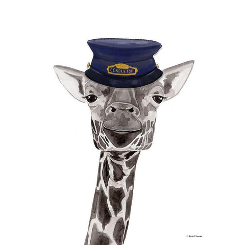 Train Conductor Giraffe White Modern Wood Framed Art Print by Nieman, Rachel