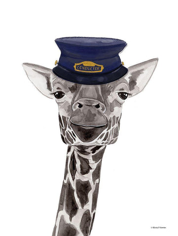 Train Conductor Giraffe White Modern Wood Framed Art Print with Double Matting by Nieman, Rachel