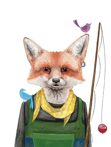 Fishing Fox White Modern Wood Framed Art Print with Double Matting by Nieman, Rachel