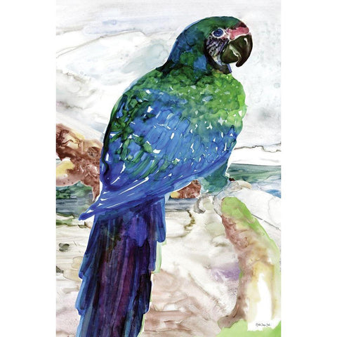 Blue Parrot on Branch 1 White Modern Wood Framed Art Print by Stellar Design Studio