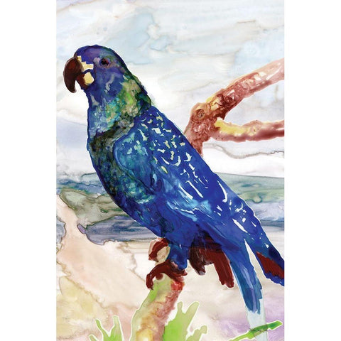 Blue Parrot on Branch 2 Black Modern Wood Framed Art Print by Stellar Design Studio