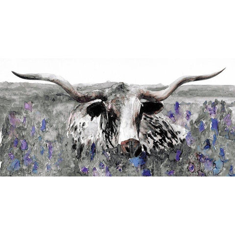 Longhorn in Flower Field   White Modern Wood Framed Art Print by Stellar Design Studio