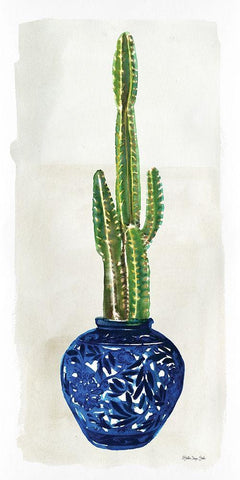 Cacti in Blue Pot 1   White Modern Wood Framed Art Print with Double Matting by Stellar Design Studio