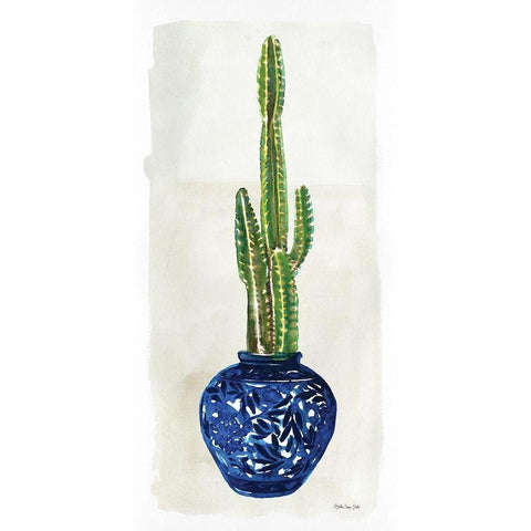 Cacti in Blue Pot 1   White Modern Wood Framed Art Print by Stellar Design Studio