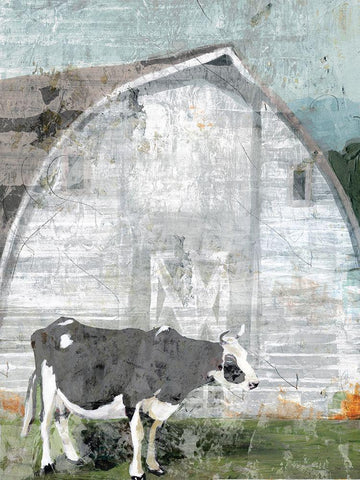 Barn with Cow Black Ornate Wood Framed Art Print with Double Matting by Stellar Design Studio