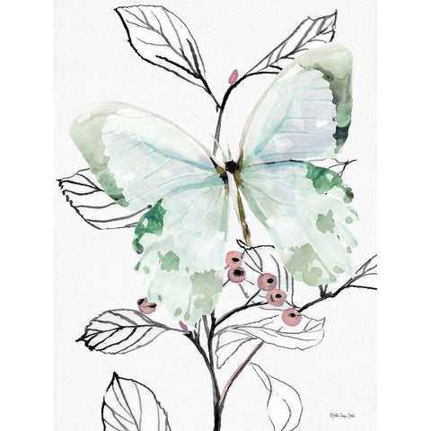 Butterfly Branch Black Modern Wood Framed Art Print with Double Matting by Stellar Design Studio