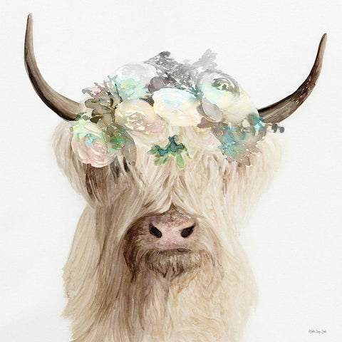 Floral Highland Cow    White Modern Wood Framed Art Print by Stellar Design Studio