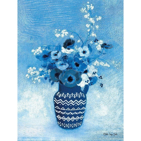 Moody Blue Floral White Modern Wood Framed Art Print by Stellar Design Studio