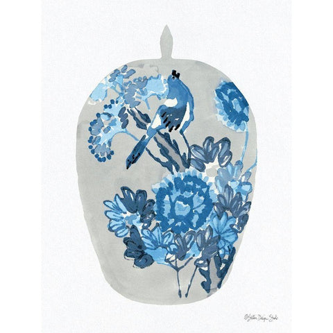 Blue Bird Vase Black Modern Wood Framed Art Print with Double Matting by Stellar Design Studio